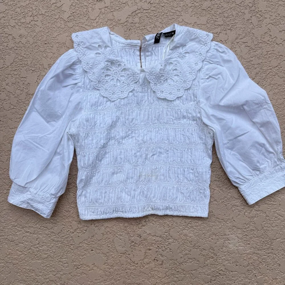 Zara White Smocked Top With Lace -Trimmed Collar Puff Sleeve